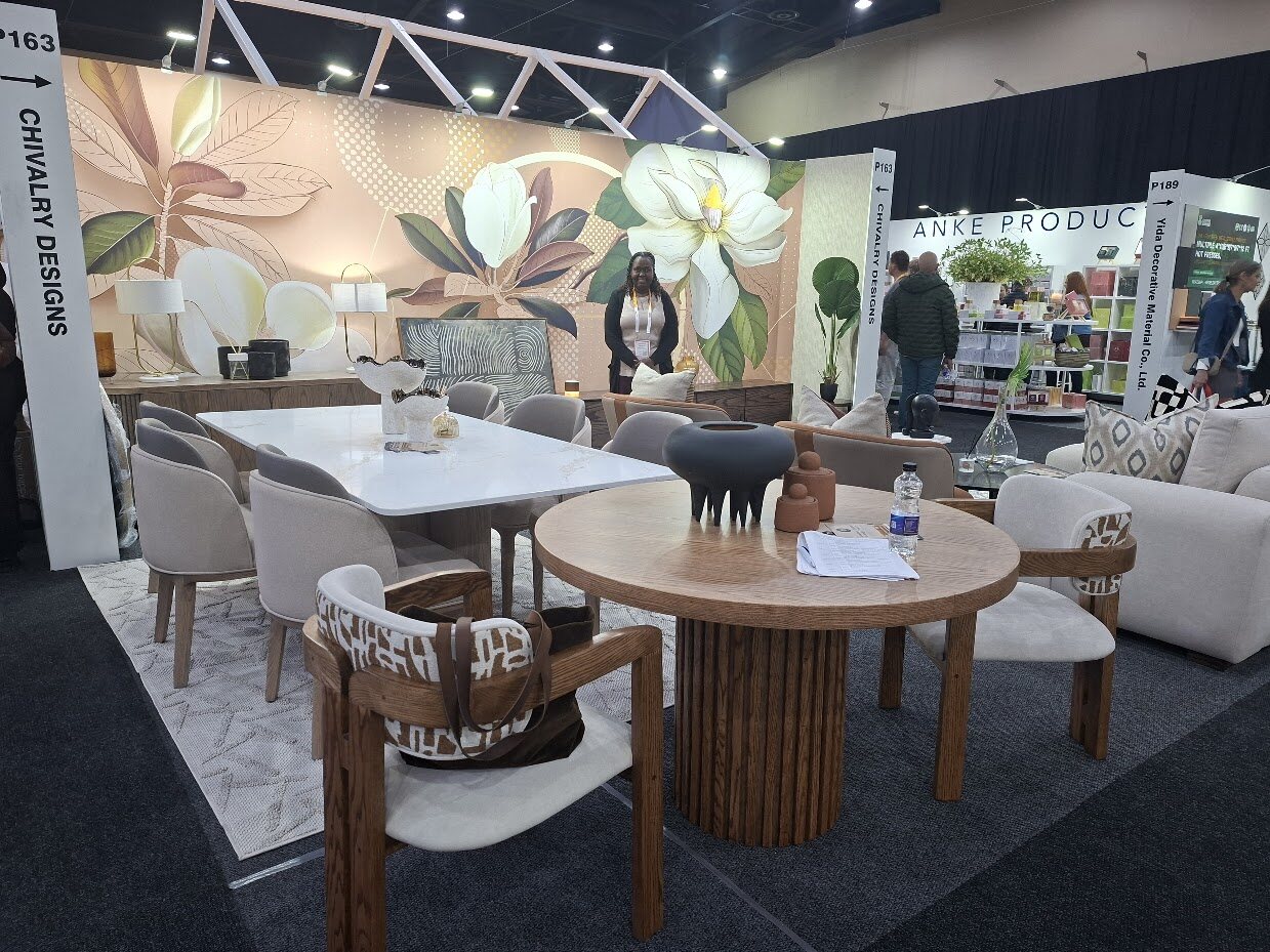 Furniture and botanical wallcovering display at Decorex Joburg 2026