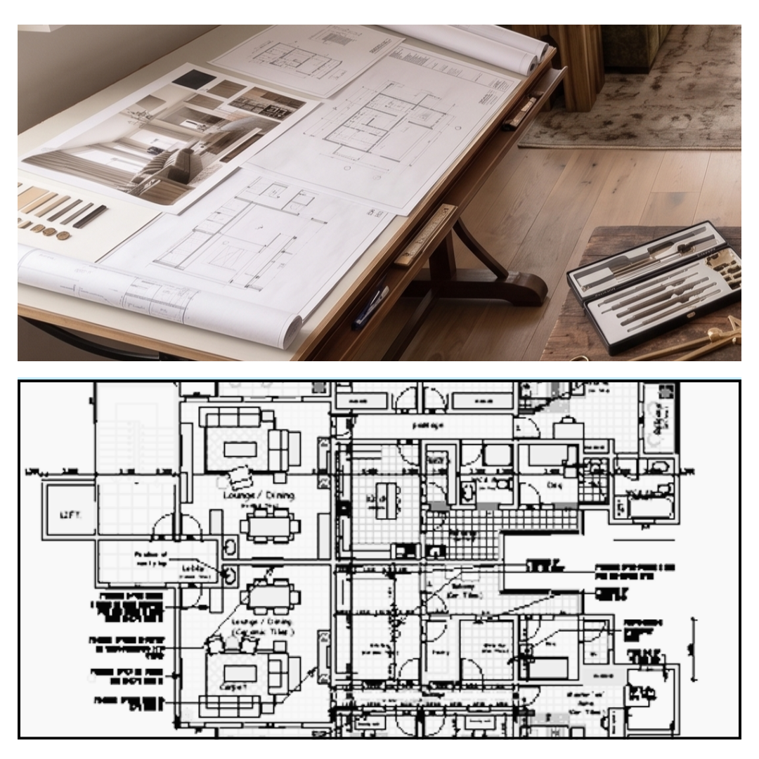 Interior design drawings and floor plans on a drafting table